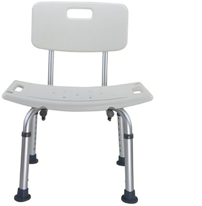 Plus SANTÉ – Chaise de Douche Bahia | Hauteur réglable 75–96 cm, Assise HDPE perforée, Dossier Amovible, Pieds antidérapants, Aluminium résistant à l’humidité | 49×39 cm | 2,8 kg | 100 kg