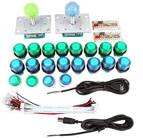 Pilipane DIY LED Illuminated Game Buttons 2 Joysticks 2 USB Encoder Kit Game Parts Set for PC Game DIY Project Plastic Metal Blue Green 30mm 24mm 900g