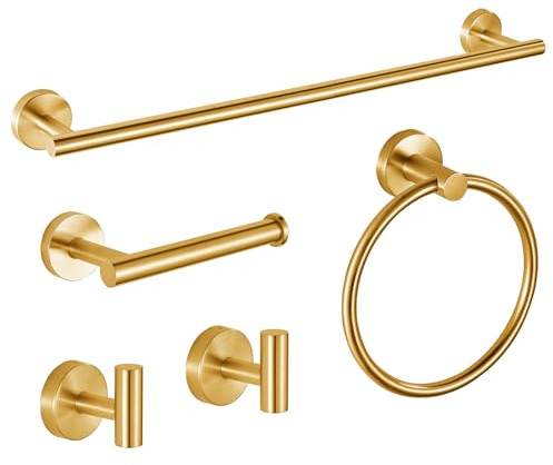 Juego de accesorios de baño dorados, barra de toalla de acero inoxidable SUS304 de 24 pulgadas, soporte de papel higiénico, anillo de toalla, ganchos para bata, accesorios de baño montados en la pared