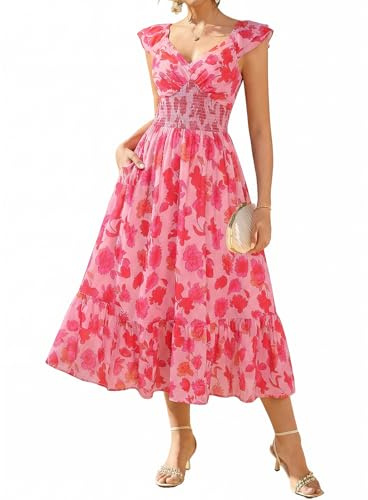 GRACE KARIN Abito estivo da donna con tasche, linea ad A, con motivo floreale, leggero | Abito in chiffon, maxi abito con fiori, abito da donna, elegante e festivo, maniche a volant, scollo a V, foderato, tasche