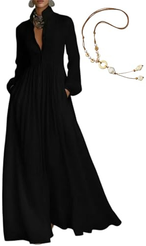 Maxi abito da donna minimalista in cotone e lino patchwork monopetto colletto alla coreana a maniche lunghe, tinta unita casual camicia abito, Nero , L