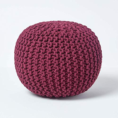 Homescapes Pouf Strickpouf rundes Bodenkissen, Sitzpouf 35 x 40 cm, gepolsterter Sitzhocker, Sitzpuff/Puff mit grob gestricktem Bezug aus 100% Baumwolle, Strickpuff, lila/Pflaume