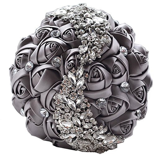 Fouriding Handgemachte Brosche Brautstrauß Braut Satin Rosen Blumen Strass Perlen Blumensträusse Hochzeit Strauß Künstliche Blumenstrauß künstlicher Rosenstrauß Dekoration (Grau)