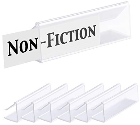 GlossyEnd Pack of 25 Clear Plastic Shelf Label Holder, Wood Shelf Sign and Ticket Holder, Clips On to Shelves 1/2 to 5/8 Thick - 3 x 7/8 Natural Minimalist Style