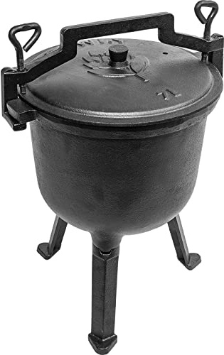 Browin 330501 Hunting pot 7 L | Cast Iron | Deep Camping Pot with Lid, Lid Lifter and Feed | For Outdoor Cooking, Black