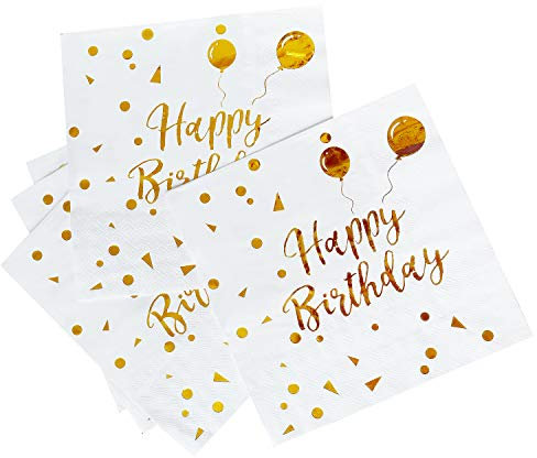 iZoeL 50Stk Geburtstag Servietten Gold Happy Birthday Servietten 33x33cm 3-lagig Pink Papierservietten für Mann Frau Mädchen Party Deko (Rose Gold Happy Birthday) (Weiß+Gold HB)