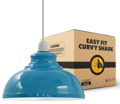 LEDSone Retro Style Ceiling Light Shades Vintage Lamp Shades, Industrial Metal Curved 29 cm Easy Fit Modern Bulb Guard for Task Pendant Lighting Bedroom, Kitchen, Office (Blue)