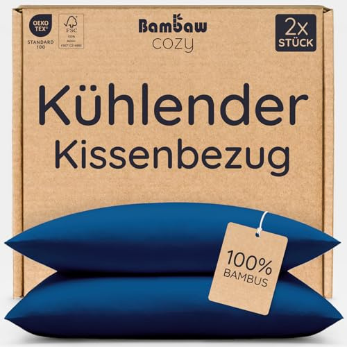 Bambaw Taie d'oreiller 65x65 Bambou, Lot de 2, Taie Oreiller Anti Transpiration, Drap en Bambou Durable, Linge de Lit Anti Acarien, Draps Rafraichissant pour l’Été et l’Hiver (Bleu Marine)