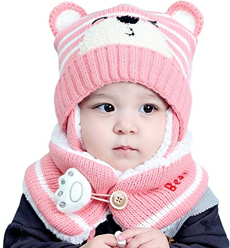 Surakey Enfants Chapeau Hiver Chaud,Bonnet Bébé Fille Hiver, Bonnet Echarpe Set, Bonnet Bebe Casquette et Écharpe Tricoté 2-en-1, Chapeau Capuche Tricoté Chapeaux Hiver Chapeau Earflap pour 6-24 Mois