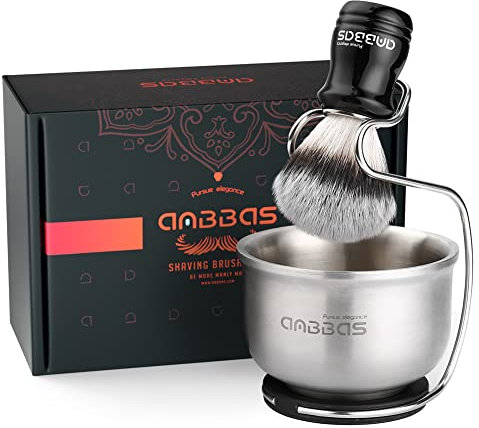 Anbbas 3in1 Vegan Style Synthetic Dachshaar Rasierpinsel, 4OD Edelstahl Rasierseifenschale und Höherer Bürstenhalter Ständer Set für Männer Close Shave Kit