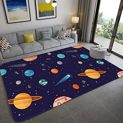 Alfombra de Dibujos Animados Espacio Universo Planeta Franela Alfombrilla Para Niños Niñas Dormitorio Junto a la Cama Cohete Nave Espacial Astronauta Juego Gatear Grande Rug (Color 1,120x160 cm)
