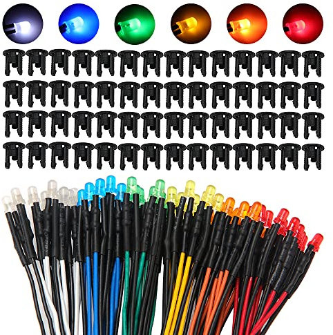 Lyeteung 60 Stycken 3mm 12V Förtrådda LED Dioder Ljus med Diffus Färgad Lins, Vit Röd Orange Gul Blå Grön, 20cm Förtrådda LED Lysdioder + 60 Stycken 3mm Plast LED Hållare