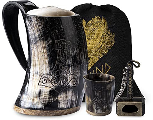FENRIR Taza vikinga de cuerno natural de calidad alimentaria auténtica con vaso corto y abridor de botellas para cerveza Ale Beer Cold Drink (473 ml, juego de 3 piezas, tamaño 6.5 pulgadas)