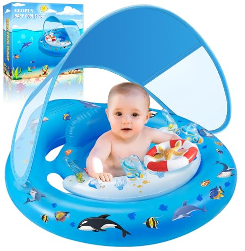 Baby Pool Float with Canopy UPF50+ Sun Protection, Inflatable Kids Pool Floats with Toy Play Console for Baby 6-36 Months, Infant Swimming Float with Adjustable Safety Seat for Boys Girls