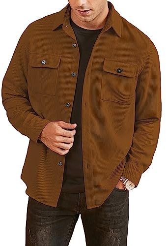 Elegancity Uomo Camicia in Velluto a Coste a Manica Lunga Casual Camicia Uomo Giacca Regular Fit Button Up Camicia Giacca con Tasca con Patta Marrone，M