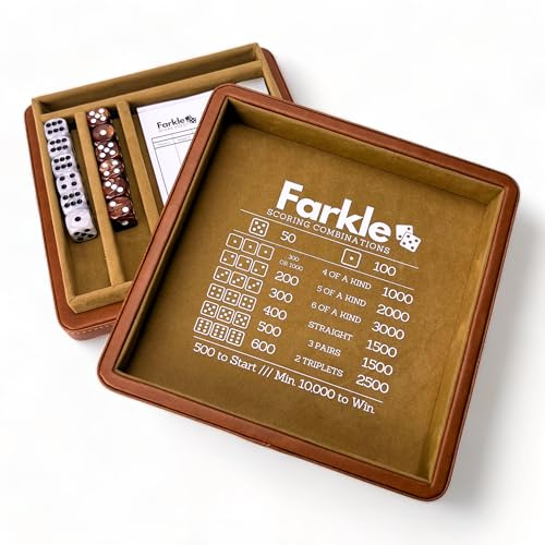 Luck Lab Farkle Dice Tray and Storage Case - Includes Embedded Scoring Combinations, 2 Sets of 6 Pearl Dice, 40 Sheet Score Pad and Pen Holder for The Classic Family Game (Brown)