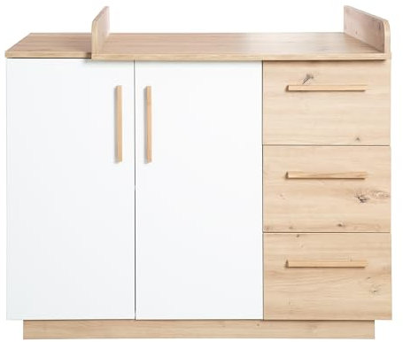 roba Wickelkommode 'Lion' - mit abnehmbarem Wickelansatz - 3 Schubladen und 2 Drehtüren - Weiß/Holzdekor 'Artisan Eiche'
