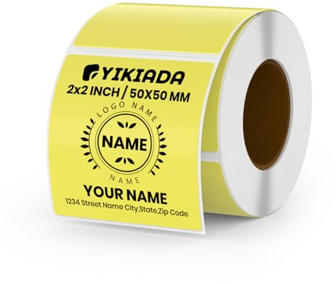 YIKIADA Lot de 500 Étiquettes Thermiques Adhésives 50 X 50 mm Jaune Rouleaux Autocollantes Imperméable Amovible Imprimables pour Bureau École QR Inventaire
