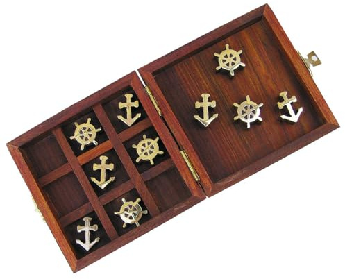 NKlaus Juego de ancla y timón de madera y latón, 10 x 10 x 3,5 cm – Divertida decoración náutica, juguete 15952