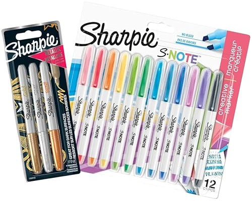 SHARPIE S-Note Creative Marker Pens | 2-in-1 Chisel Tip (Wide & Fine) | Pack of 12 & 3 Metallic Marker Pens
