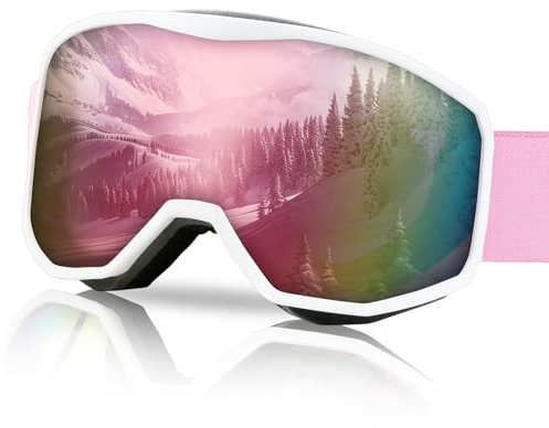 NewBEP Ski Snowboard Goggles - UV Protection Anti-Fog Outdoor Ski Goggles - OTG Snow Skiing Glasses for Men Women Youth (White Frame - Pink Lens)