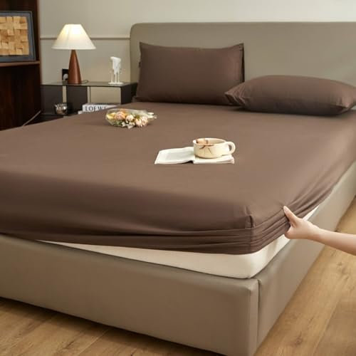 Grewod Spannbettlaken Baumwolle 180x200 Höhe 20 cm, Spannbetttuch Dunkelbraun Einfarbig Spannleintuch