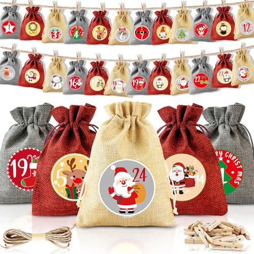 CNMTCCO 24 unidades Calendario de Adviento para rellenar,Calendario de Navidad 2025 Bolsitas de yute 18 x 13 cm,Bolsitas para calendario de Adviento para niños