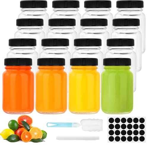 FoiiLiio 16 Bottigliette di Vetro Piccole da 2oz/60ml, Bottiglie di Succo di Vetro Trasparente Riutilizzabile per Succo, Zenzero, Spezie, Mini Bottiglie Portatili da Viaggio con Bocca Larga