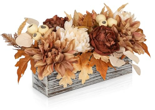 Oairse Autumn Decorations Artificial Flower Arrangement in Rustic Wooden Box with Peonies, Dahlia, Maple, Autumn Table Centerpiece for Fall Decor Wedding Harvest Thanksgiving Farmhouse Home Décor