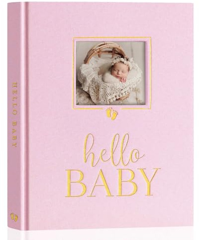 Lanpn Hello Baby Memory Book, First 5 Year Keepsake with DIY Window, Linen Baby Journal Memories Scrapbook Photo Book, Newborn Milestone Album for Boy Girl New Parents (154 Pages, Pink)