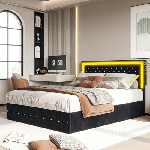Cama tapizada de 180 x 200 cm, cama doble con iluminación LED, almacenamiento hidráulico, cama juvenil con cabecero y somier, marco de cama para adultos, terciopelo (beis, 180 x 200 cm)