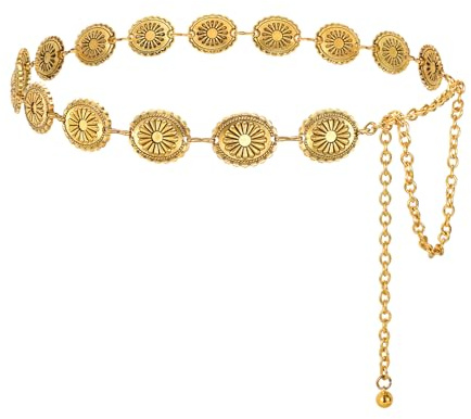 WERFORU Ceinture en Métal pour Femme Ceinture Chaine Dorée Ajourée et Sculptée Ajourés Chaîne de Taille Western Réglable pour Robes,Jeans,Cowgirls