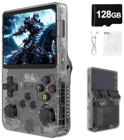 Syzplnwy R36S Console di gioco portatile retrò con schermo IPS da 3,5 pollici, batteria da 3500 mAh, scheda TF da 128 GB, oltre 20.000 giochi, sistema Linux open source per adolescenti e adulti, nero