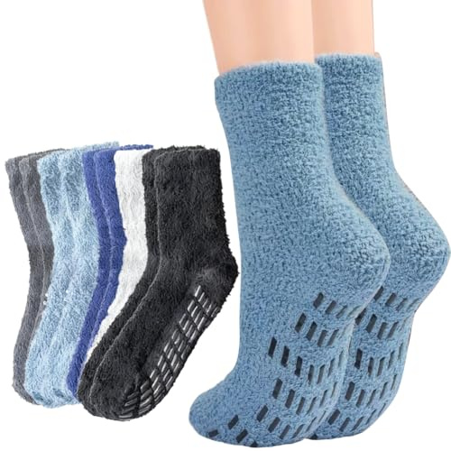Wemoralix Men's Cozy Thermal Slipper Socks, 5 Pairs Non-Slip Fluffy Socks for Winter Warmth, Fuzzy Ankle Gripper Socks Size 6-10 for Home