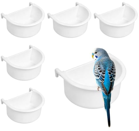 BORFUE 6 Pieces White Bird Feeder Plastic Bird Food Bowl Hanging Feeding Drinking Bowl Seed Container for Parakeet Parrot Conure Cockatiel Budgie.