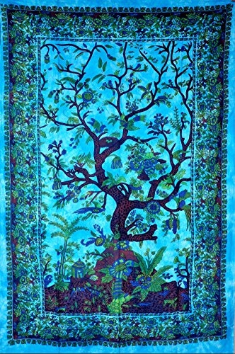 The Boho Street Turquoise Tree of Life Twin Size Indian Bohemian Wall Art - Mandala, Hippie Tapestries Psychedelic Boho Tapestry, Wall Hanging for Bedroom (52x82 Inches)