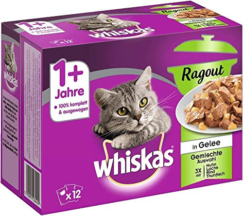 Whiskas 1 + Katzenfutter Ragout – Gemischte Auswahl in Gelee – Hochwertiges Nassfutter mit wichtigen Inhaltsstoffen – 48 Portionsbeutel à 85g