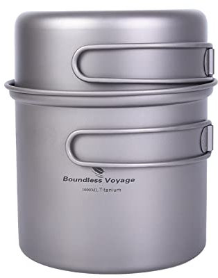 iBasingo Leichte Titan Töpf Pfanne Set 1000ml & 500ml Camping Kochgeschirr Outdoor Backpacking Schüssel Set Koch Mess Kit mit Klappgriff Küchen Utensilien für den Außenbereich 2 Stücke/Set (Ti2038C)