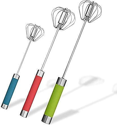 Batidor de huevos semiautomático de acero inoxidable, 3 batidoras giratorias de mano (3 colores)