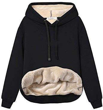 Haellun Womens Casual Winter Warm Fleece Sherpa Lined Pullover Hooded Sweatshirt (Black, Medium)