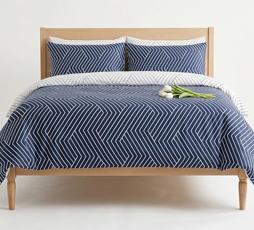 LERUUM Bettwäsche Baumwolle 135x200 2 teilig Blau Weiß Gestreift Bettbezug 135 x 200 Reißverschluss 1 Kissenbezug 80x80 Kinder Jungen Mädchen