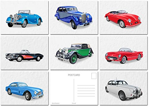 Felicitas Classic Car Postcard Pack - Set of 8 Classic 1940 to 1960 Motor Pictures A6 - Vector Modern Art - Old Style Autos - Stunning Cool Eye Catching - Eco Friendly (No envs) - UK - Exclusive to
