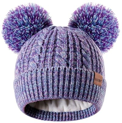 HAITHO Winter Hat for Kids Toddler Children, Girls Beanie with Double Pom Pom Warm Thick Thermal Fleece Lined, Girls Accessories Cute Knit Beanies Cap for Cold Weather(Multicolor-1)