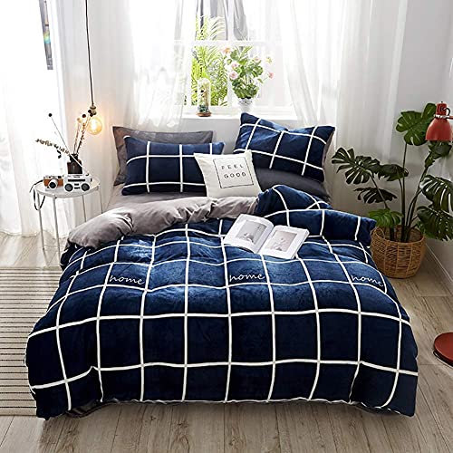 Juego de sábanas dobles, franela azul y gris, juego de ropa de cama gruesa de invierno, funda de edredón de tela polar, sábanas, sábanas, fundas de almohada, 4 piezas, franela cálida, funda de edredón