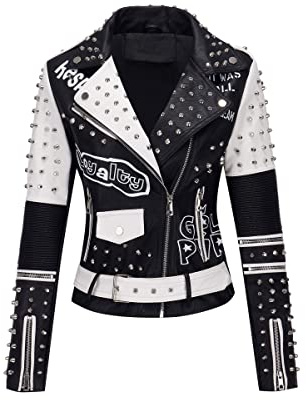 Giolshon Mujer Chaqueta de cuero sintético Remache tachonado Moto Floral Biker Abrigo de solapa corta