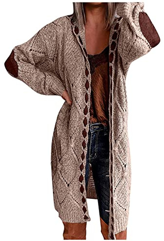 Cardigan da donna lungo con cappuccio, giacca a maglia grossa da montagna, a maniche lunghe, oversize, cardigan a treccia, cardigan leggero da donna, Z-Khaki, L