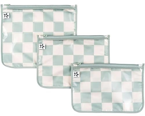 Tiny Twinkle Diaper Bag Organizing Pouches | 3 Pack Mess-Proof Clear Front Travel Organizer Bags & TSA Approved Toiletry Bag Set for Baby and Mom Essentials (Sage Checkers)