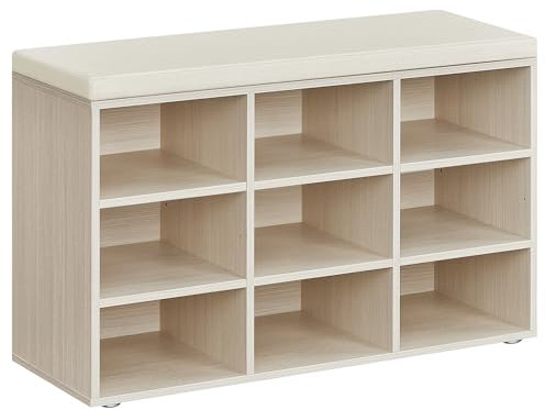 VASAGLE Schuhbank, Schuhregal mit Sitzfläche, Sitzbank mit Stauraum, Kissen, 9 Fächer, verstellbare Ablagen, für Wohnzimmer, Flur, 30,3 x 78,5 x 48 cm, naturbeige LHS009K01
