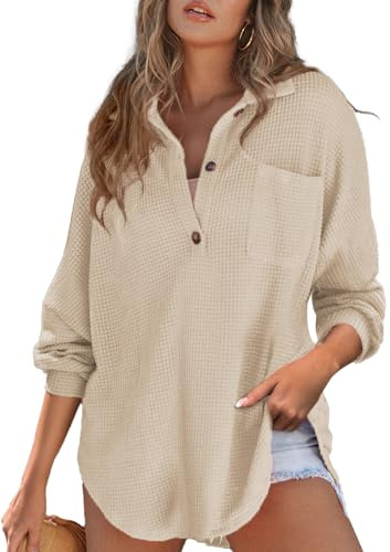 Astylish Ladies Waffle Knit Long Sleeve Tops Fashion Button Up V Neck Henley Shirt Lightweight Basic Tunic Blouses Light French Beige X-Large