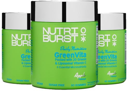 Nutriburst GreenVita • Fruit & Veg Blend • 3 Months • Vegan & Sugar Free | 180 apple flavour vitamin gummies; a blend of fruit, veg, 100% fruiting body mushrooms & 200 million live bacteria cultures.